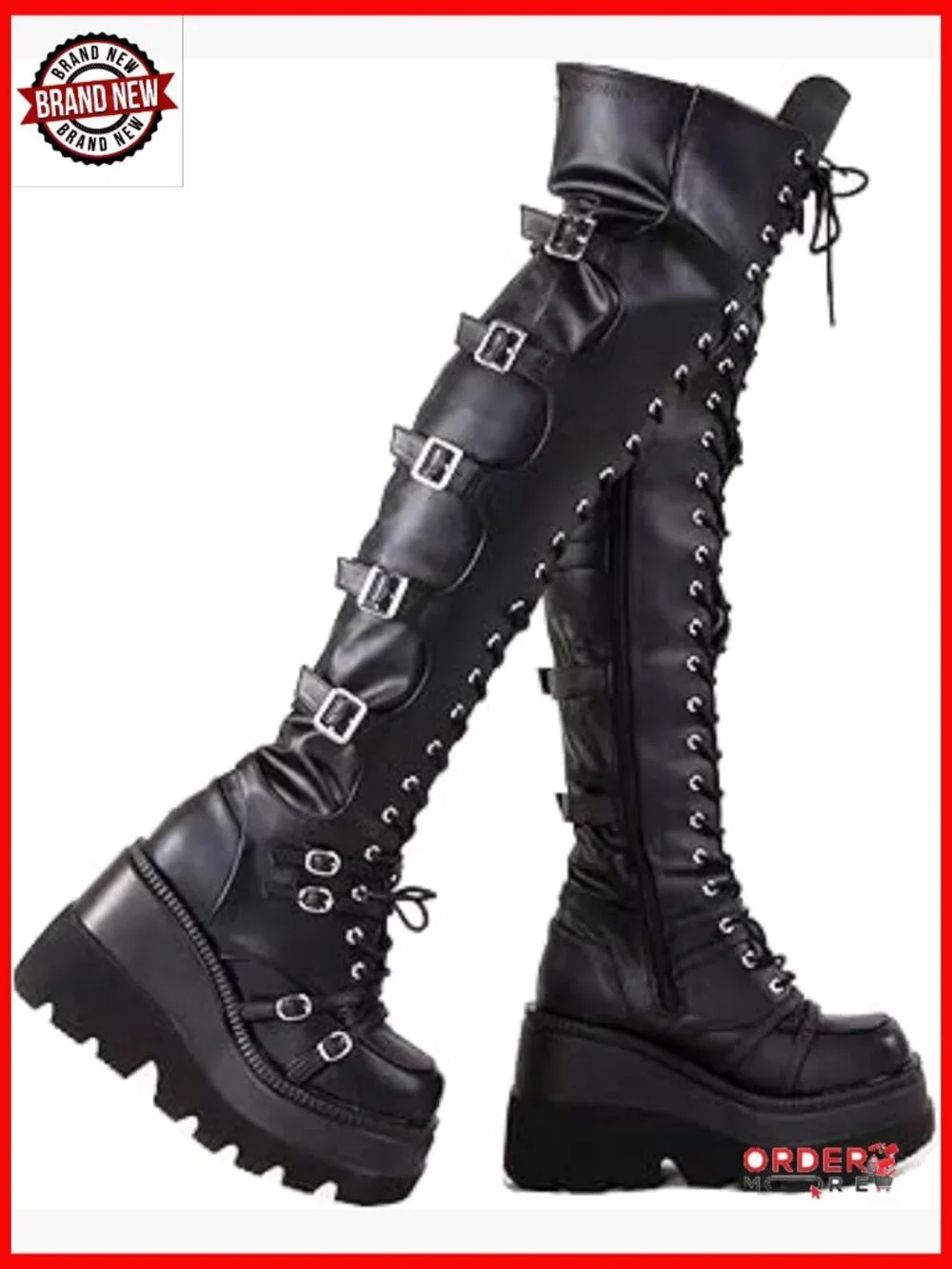 Platform Over Knee Boots with Chunky Heel Side Zip Lace Up Motorcycle Style